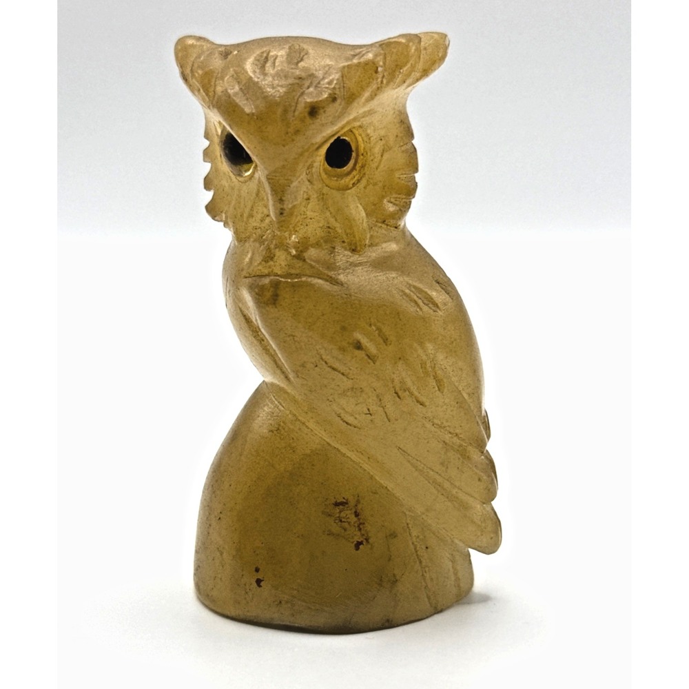 Vintage Hand carved Yellow Stone Owl Figurine 3" Inset Eyes Detailed Design